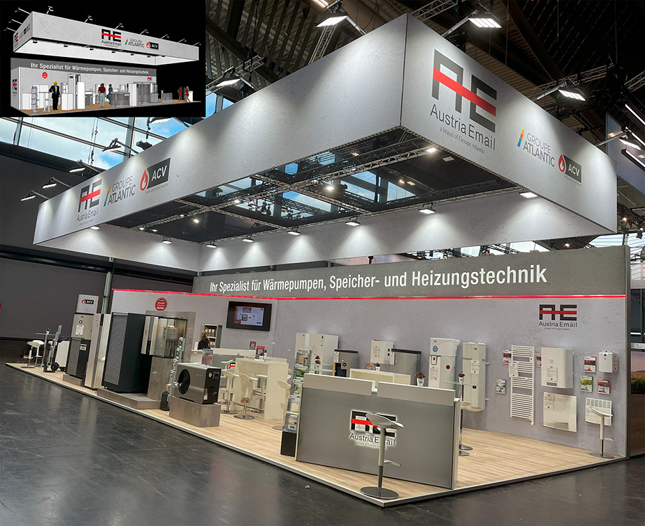 Messestand - von der Idee in die Wirklichkeit High Quality Messestand als Produktpräsentationsfläche und Kommunikationsraum - Vergleich gerendertes 3D Model und Foto