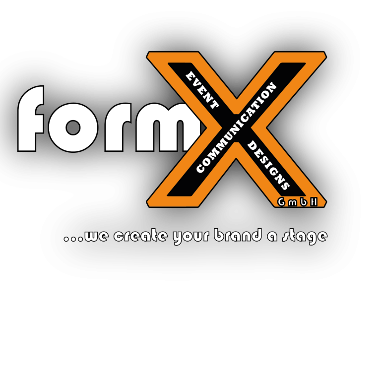 Logo formX Messebau Logo des Messebau Unternehmens formX event communication designs GmbH darunter ...we create your brand a stage